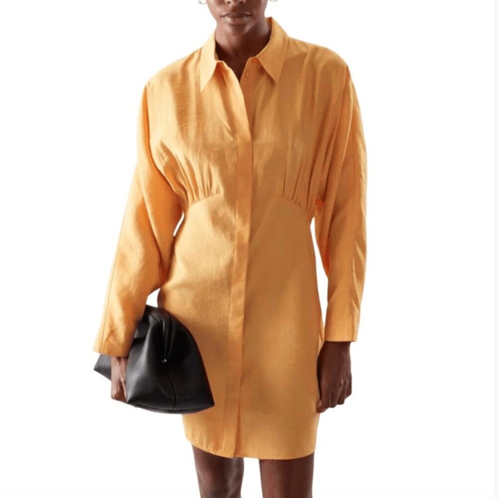 COS Gathered Button Down Long Sleeves Light Orange Shirt Dress Size 2